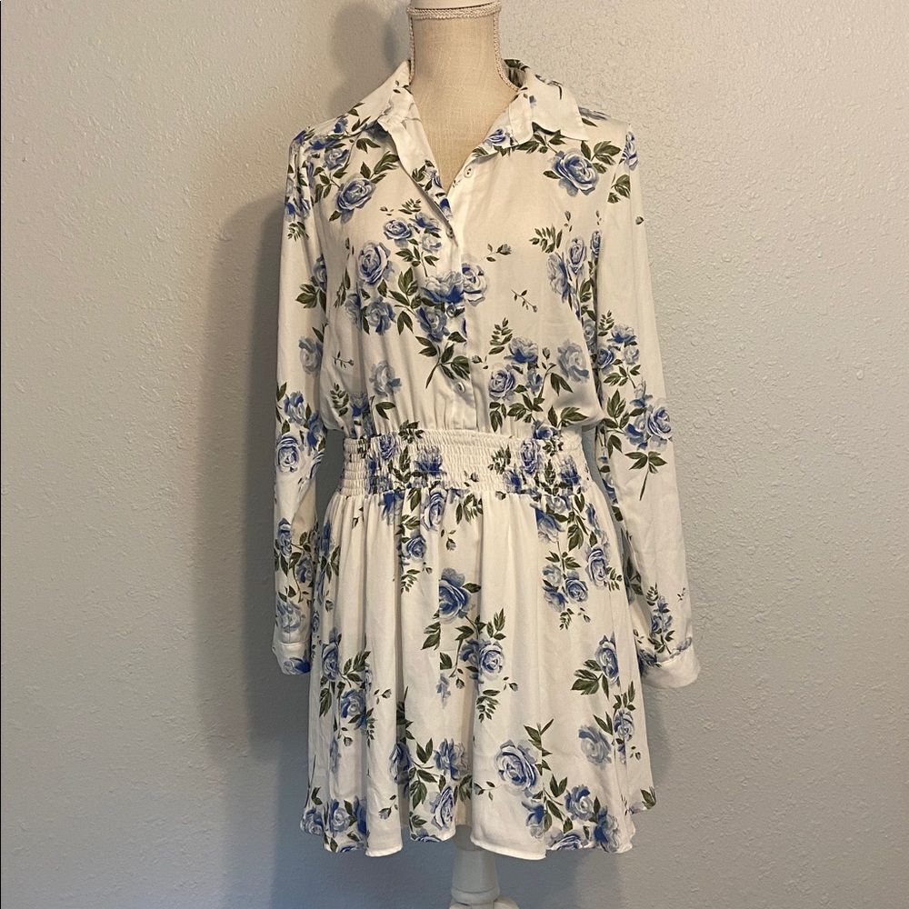 L'Academie White Floral Long Sleeve Romantic Chic Mini Dress Size Small